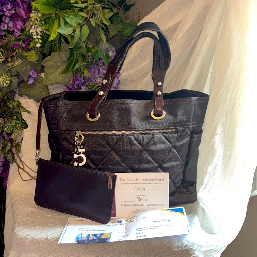 Chanel Paris Biarritz canvas tote chocolate bar brown - Picture 1 of 15